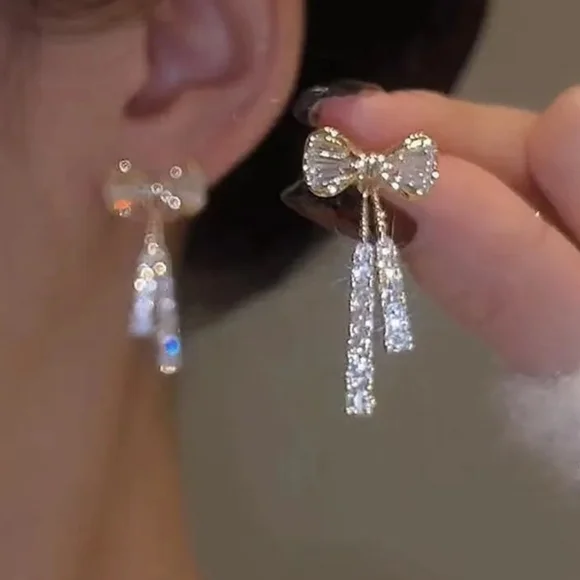 Bow Rhinestone Gold Earrings - Picture 2 of 4